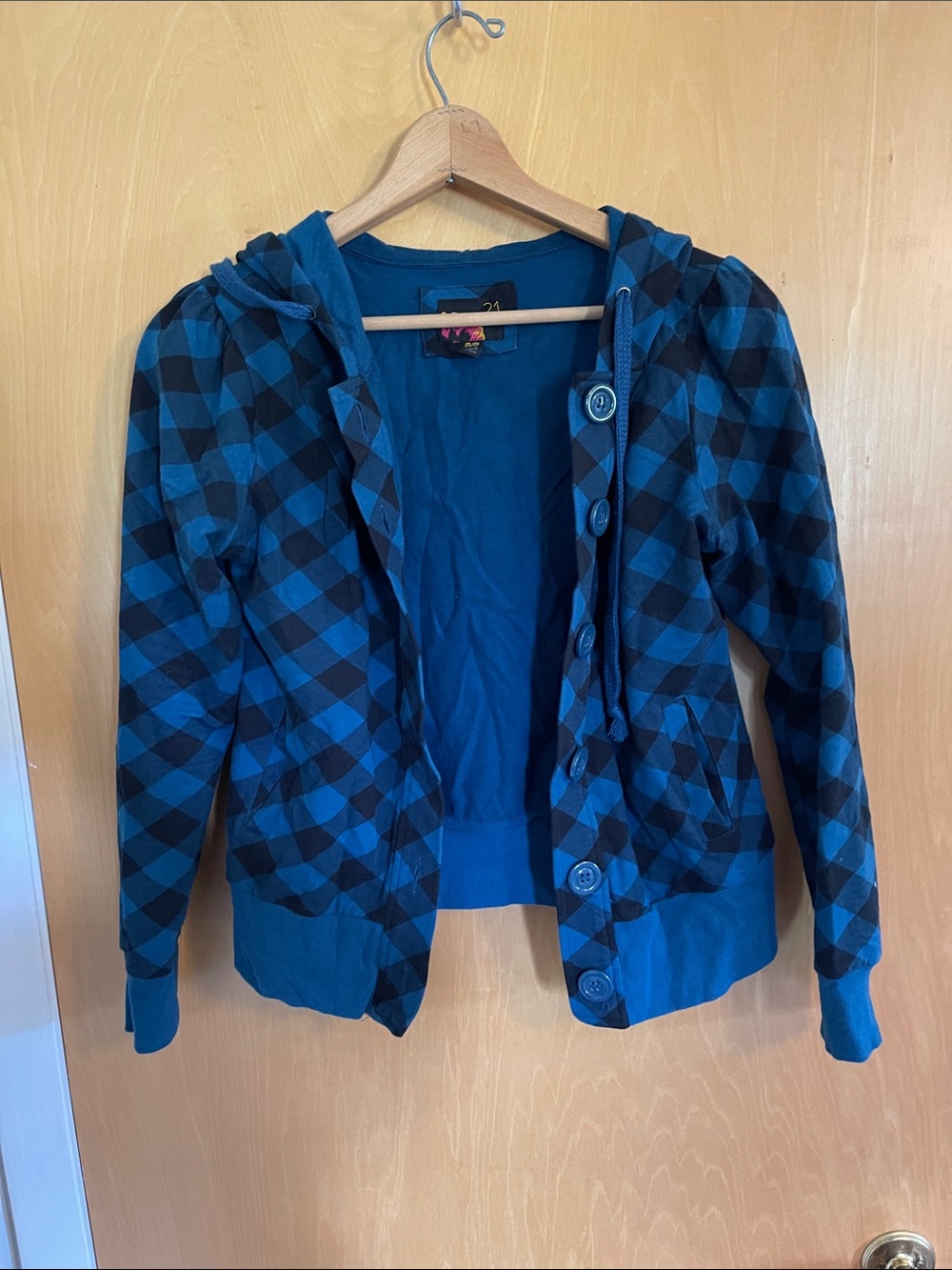 Forever 21 Lightweight Hooded Jacket M plaid blue/ teal